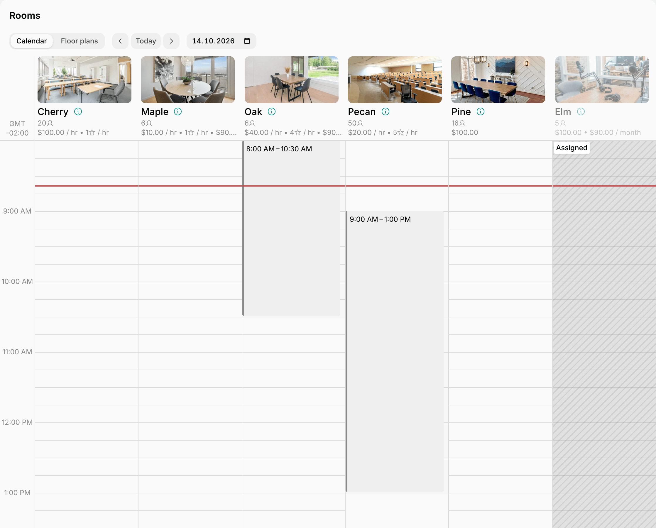 Rooms calendar in the member web portal with booked times and an assigned room on Spacebring's coworking space management platform
