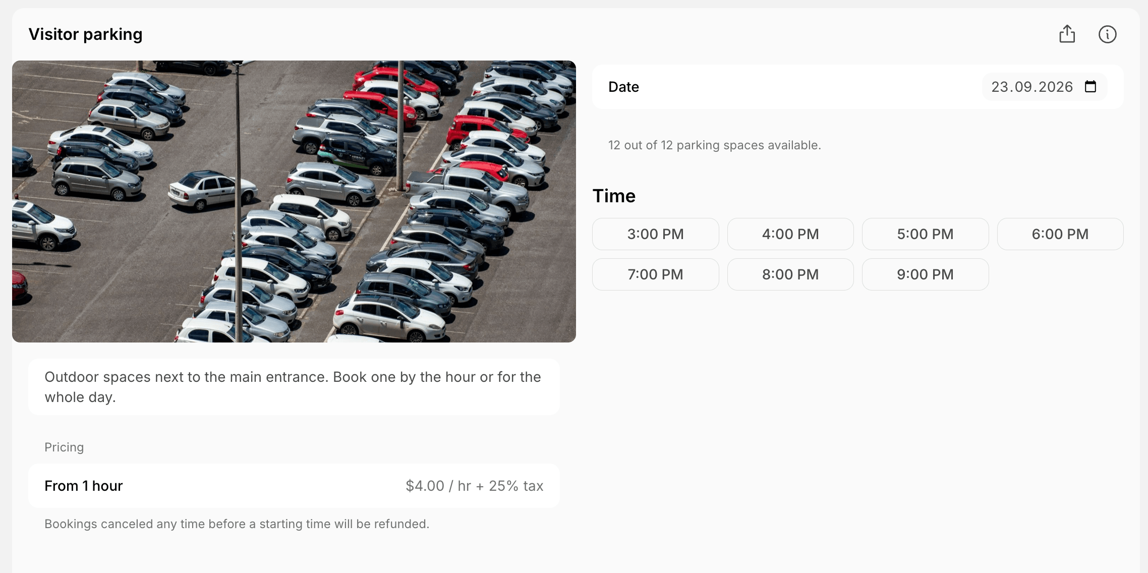Parking lot in the member web portal with an hourly price and the available start times on Spacebring's coworking space management platform