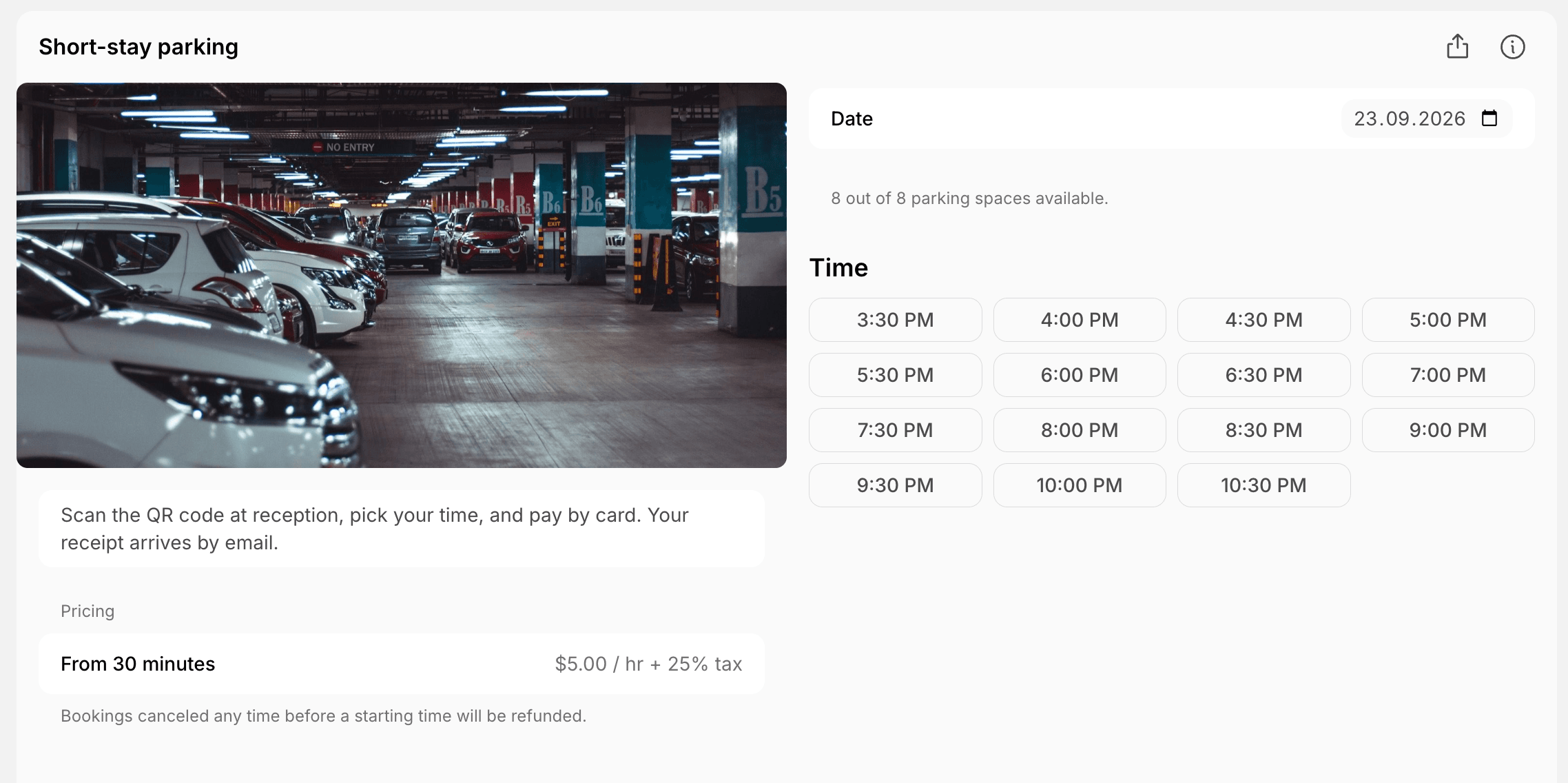 Public parking lot page a user opens from the QR code, with the hourly price and start times on Spacebring's coworking space management platform