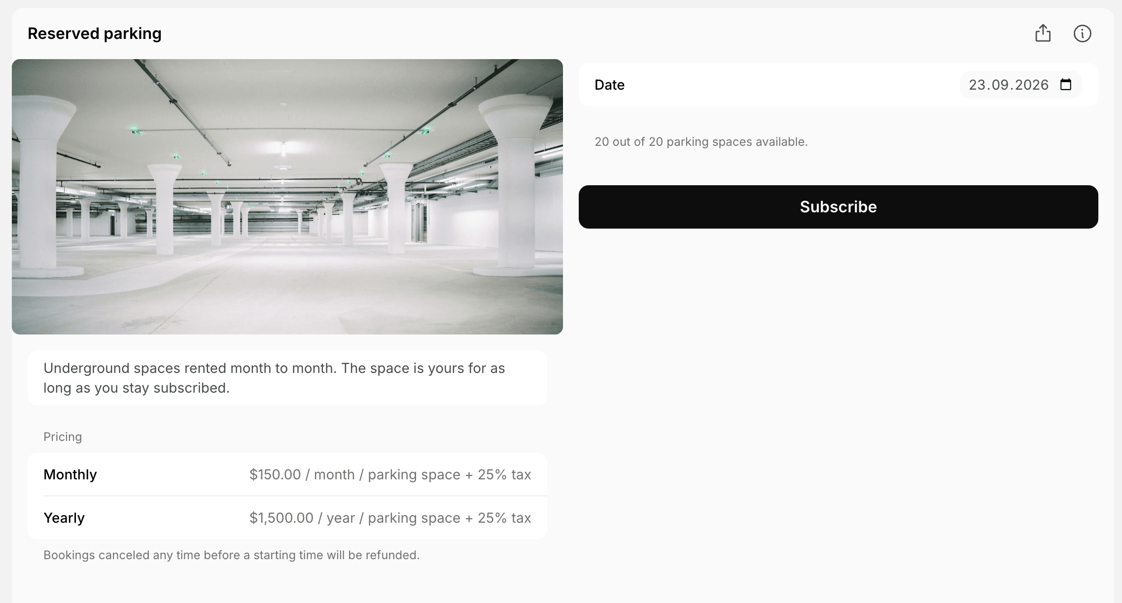 Parking lot in the member web portal with monthly and yearly plans and the Subscribe button on Spacebring's coworking space management platform