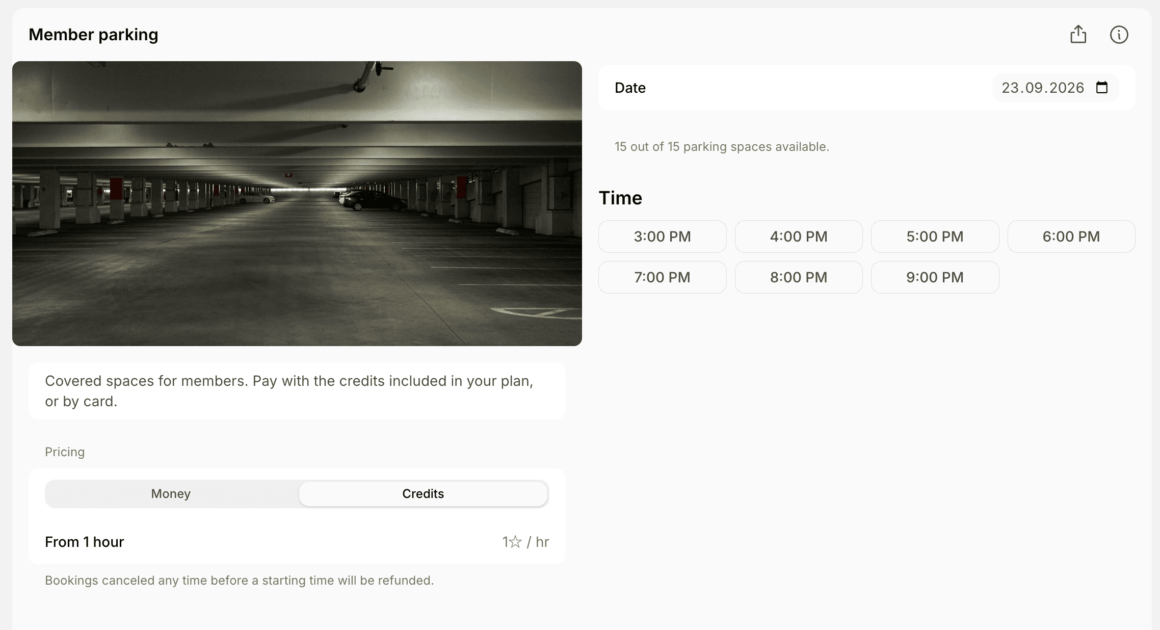 Parking lot in the member web portal with the Credits price selected on Spacebring's coworking space management platform