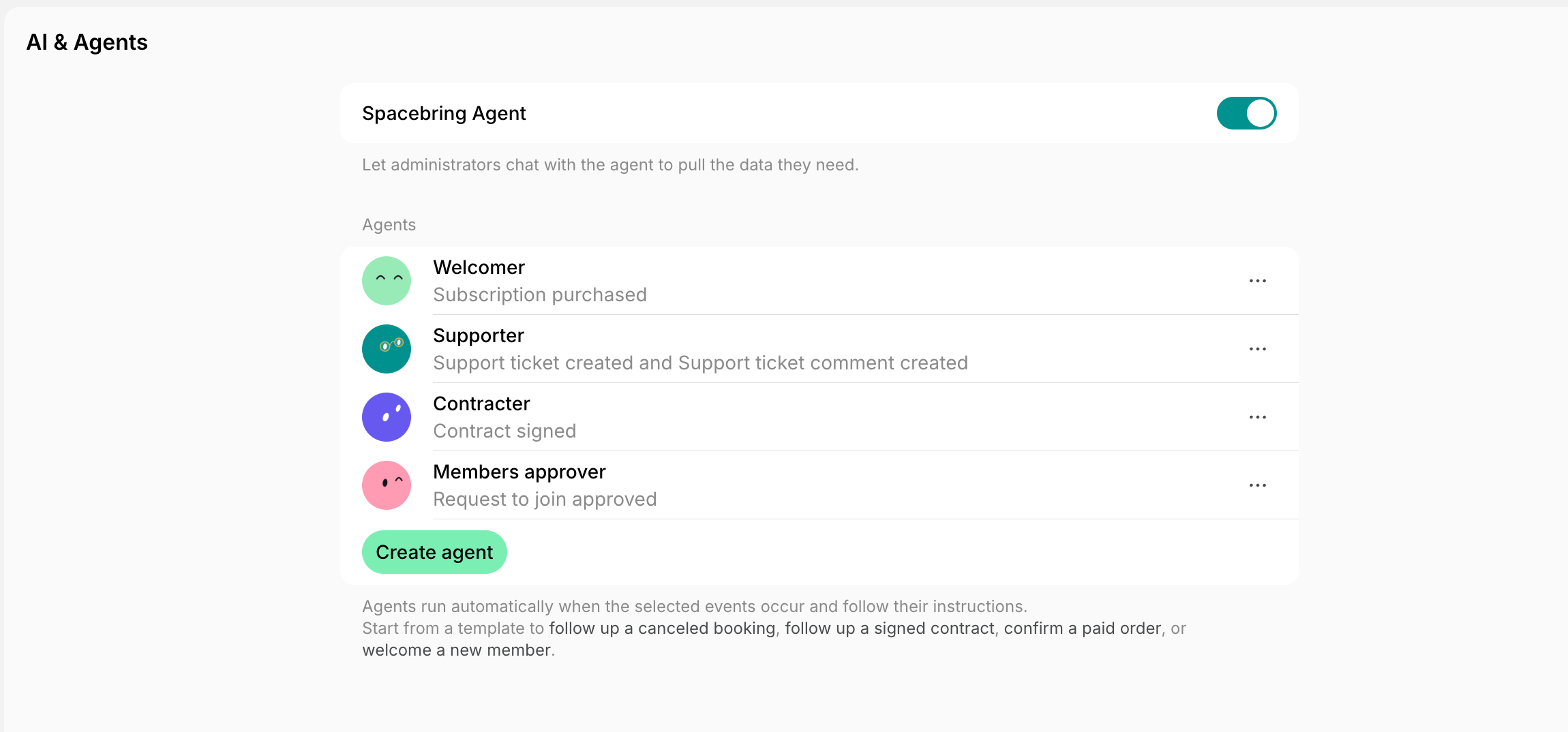 AI & Agents settings with the Create agent button on Spacebring's coworking space management platform