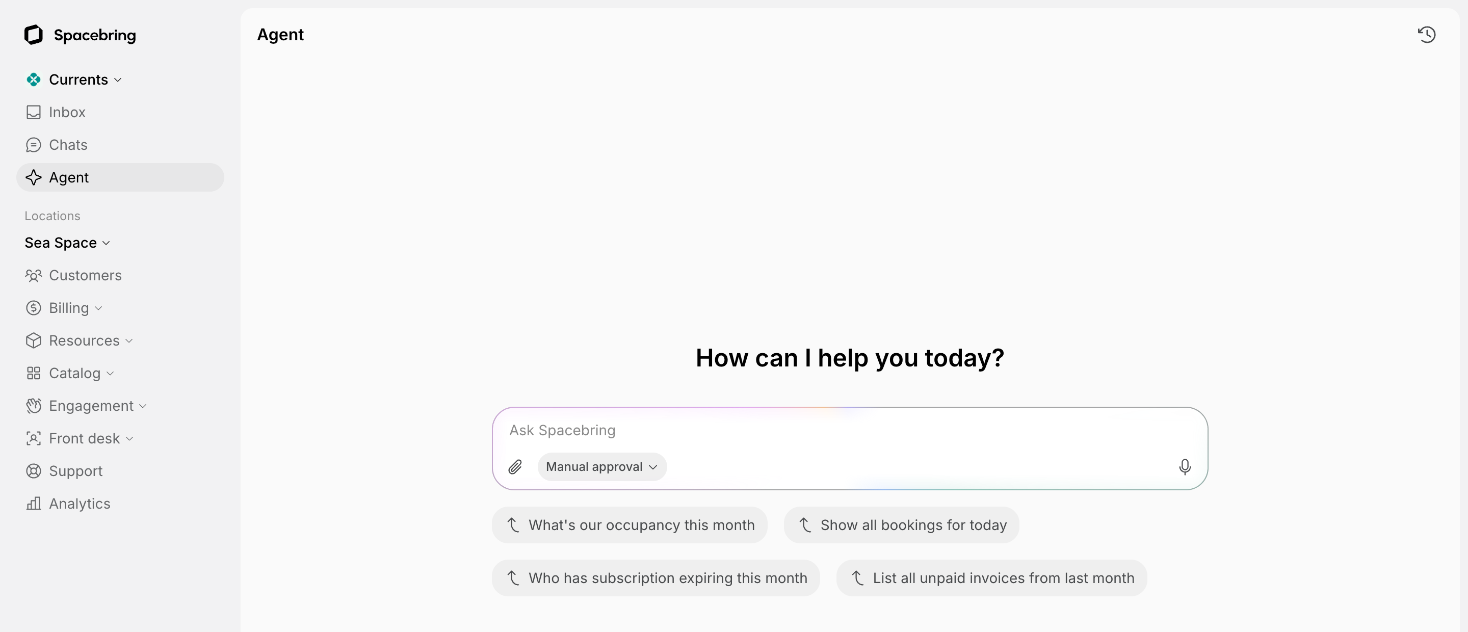 Agent page opened from the left-side panel, with the message field and suggested prompts, on Spacebring's coworking space management platform