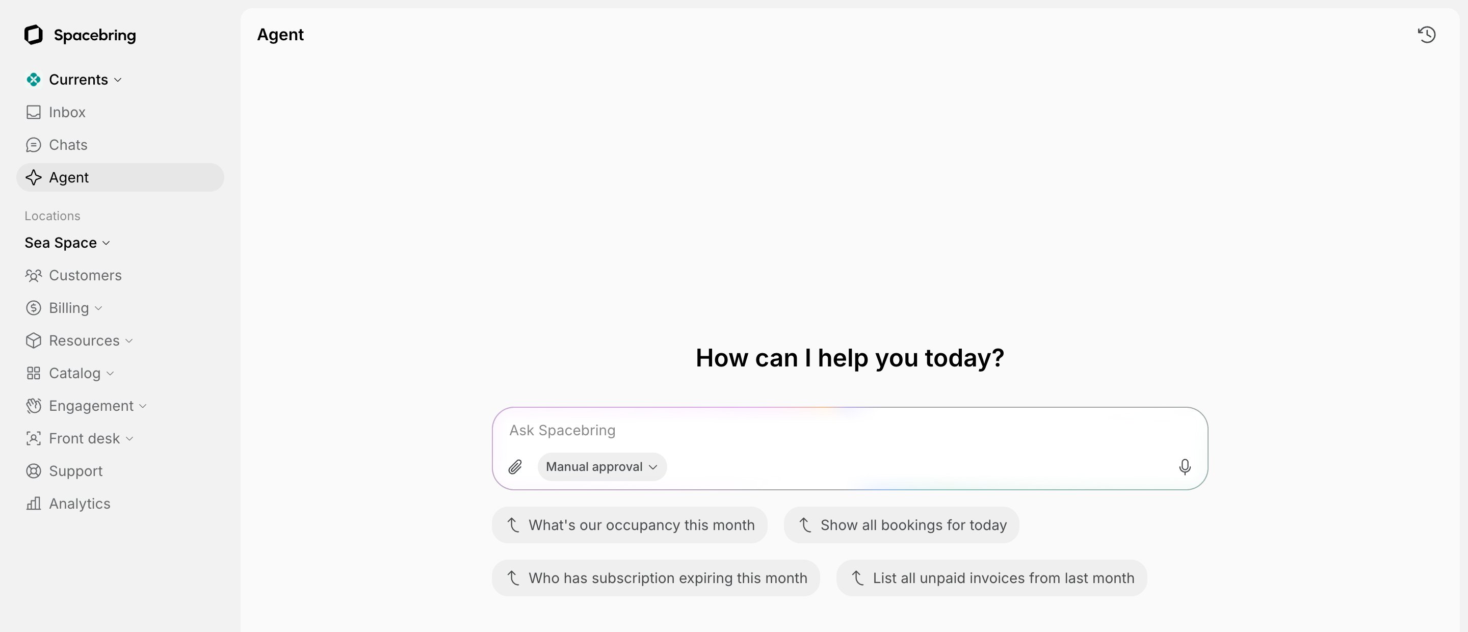Agent page opened from the left-side panel, with the message field and suggested prompts, on Spacebring's coworking space management platform