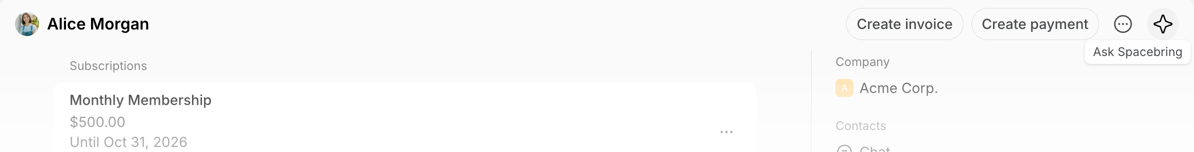 A user's page with the Ask Spacebring icon in the top right corner on Spacebring's coworking space management platform