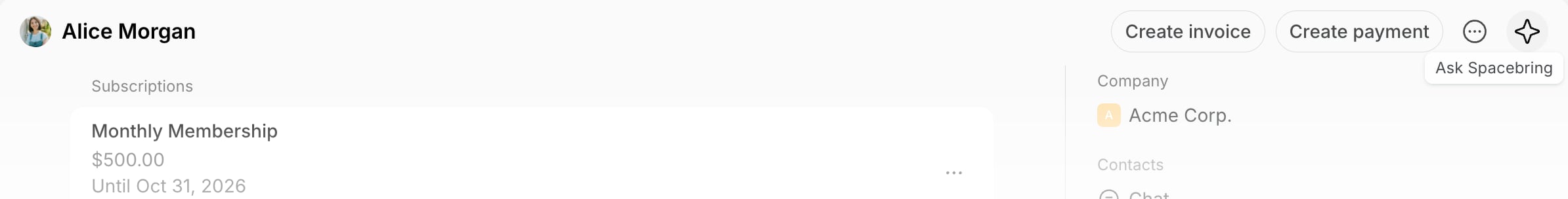 A user's page with the Ask Spacebring icon in the top right corner on Spacebring's coworking space management platform