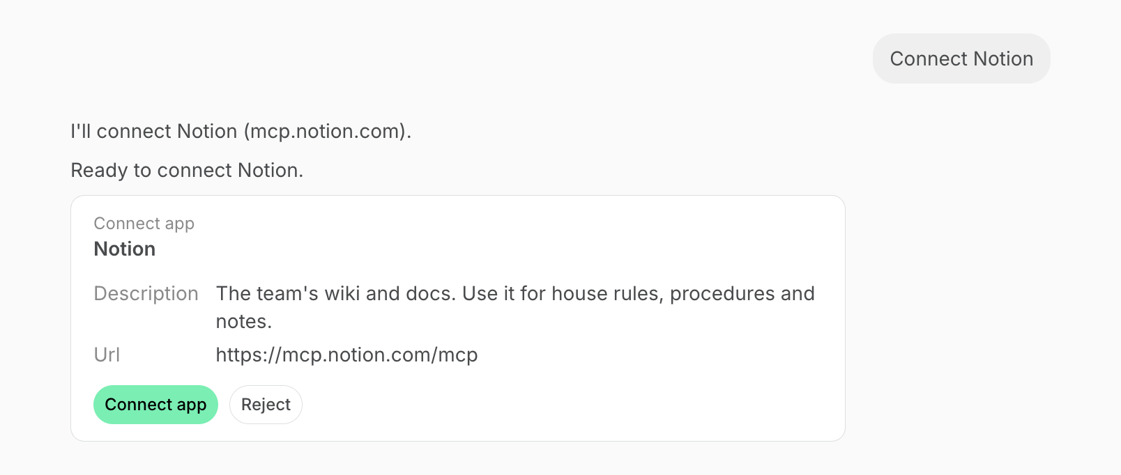 Chat with Agent asked to connect Notion, with the Connect app card and its Connect app and Reject buttons on Spacebring's coworking space management platform