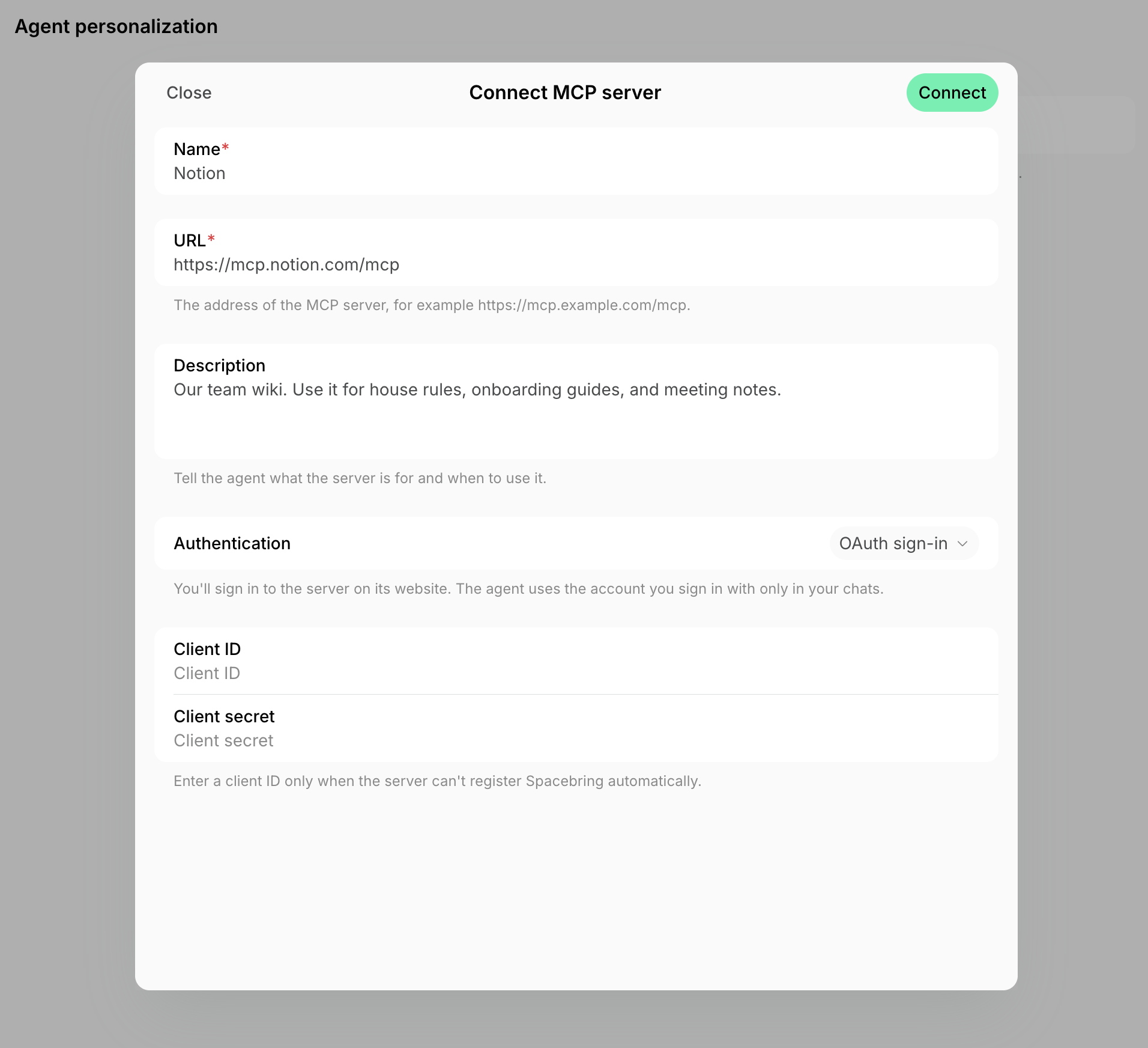 Connect MCP server form on the Agent personalization page with a name, URL, and description filled in and OAuth sign-in selected on Spacebring's coworking space management platform