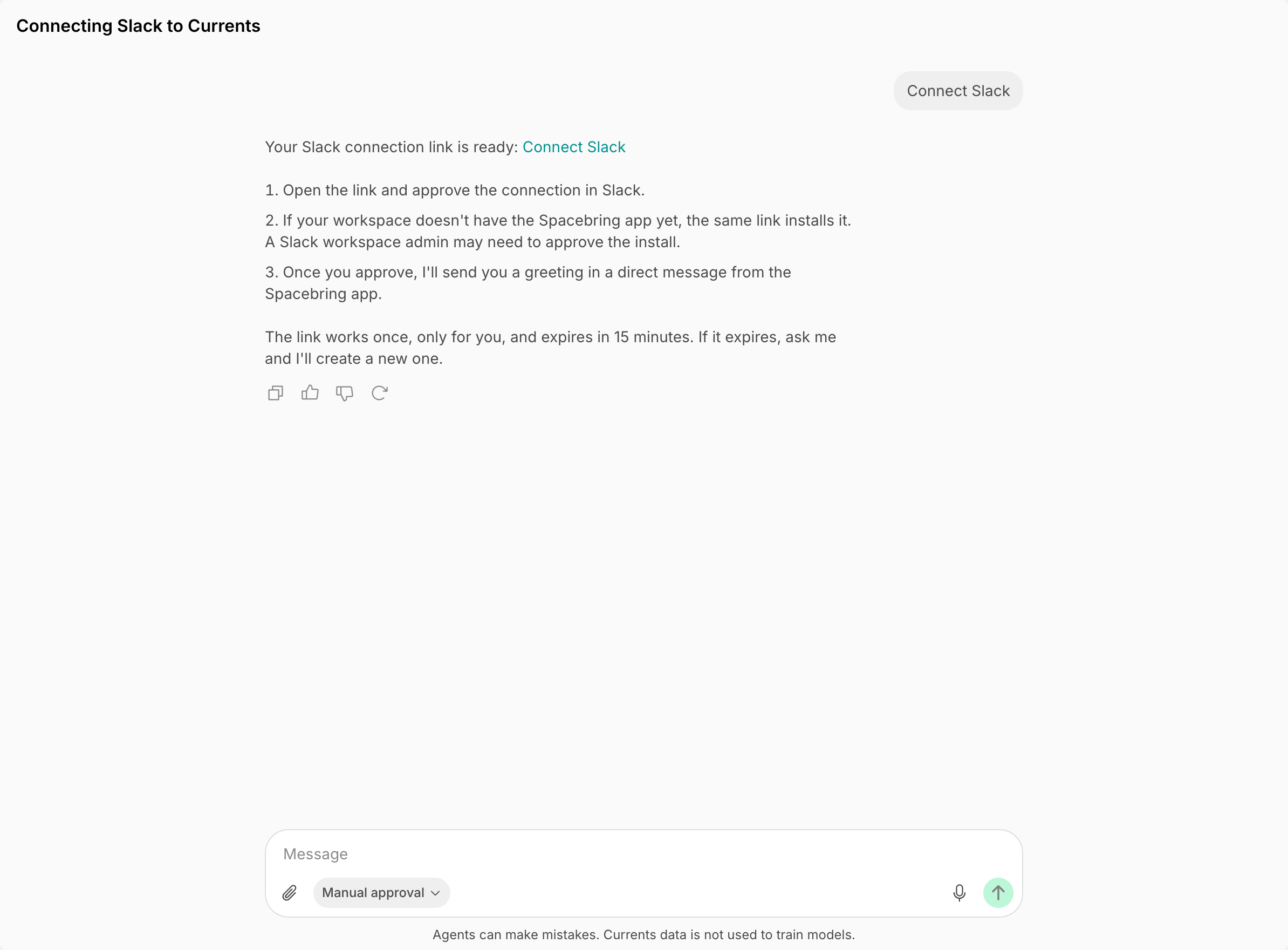 Agent replying with a one-time link to connect Slack on Spacebring's coworking space management platform