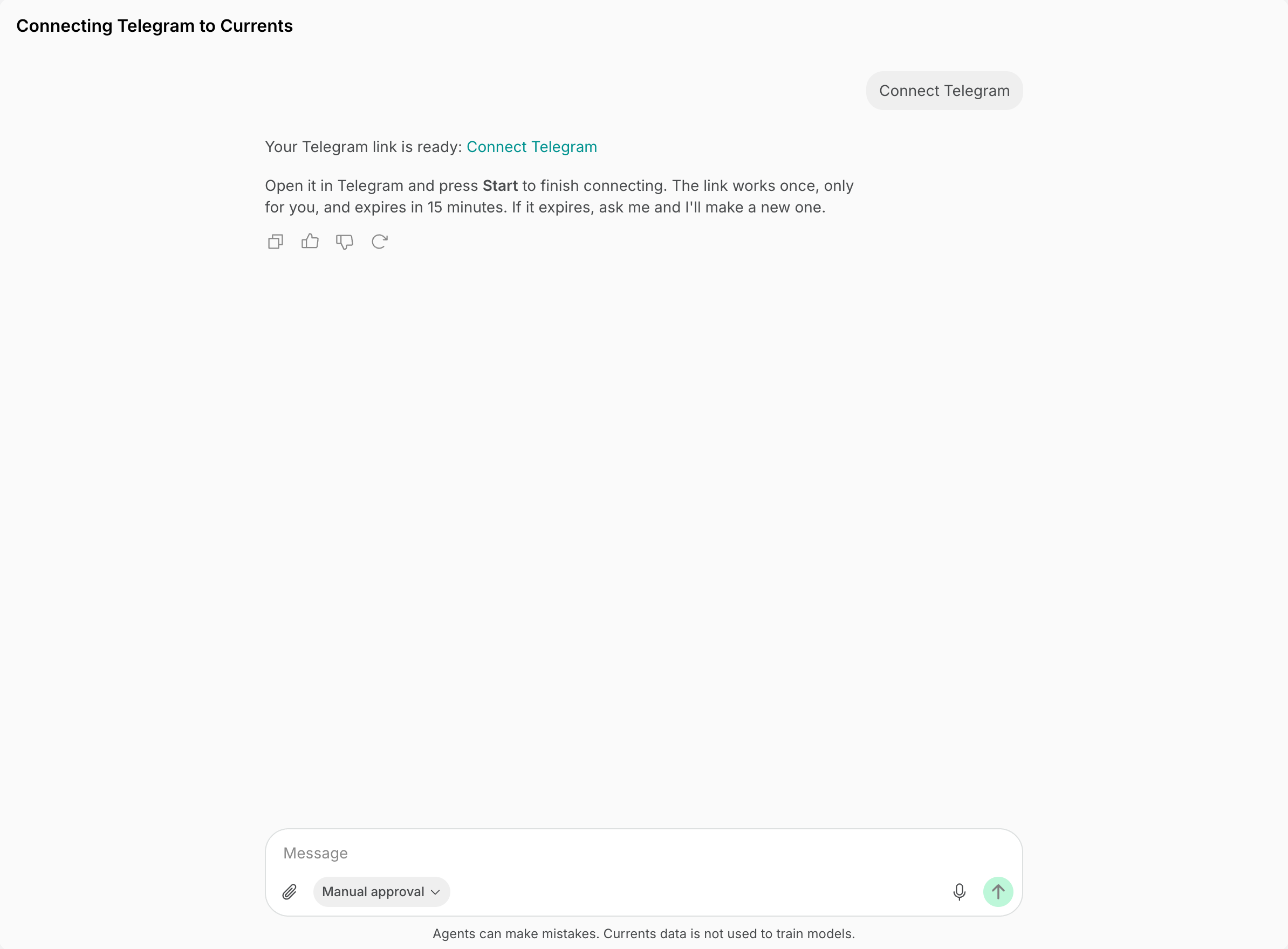 Agent replying with a one-time link to connect Telegram on Spacebring's coworking space management platform
