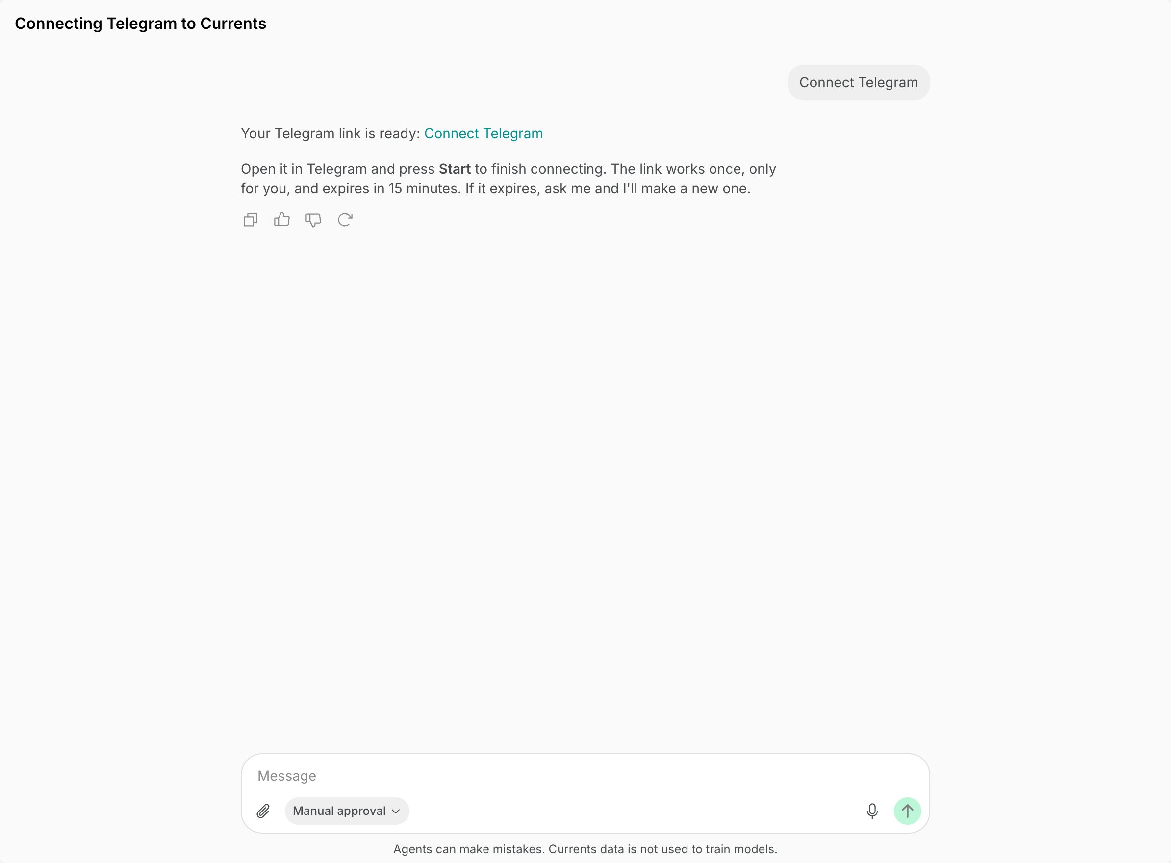 Agent replying with a one-time link to connect Telegram on Spacebring's coworking space management platform