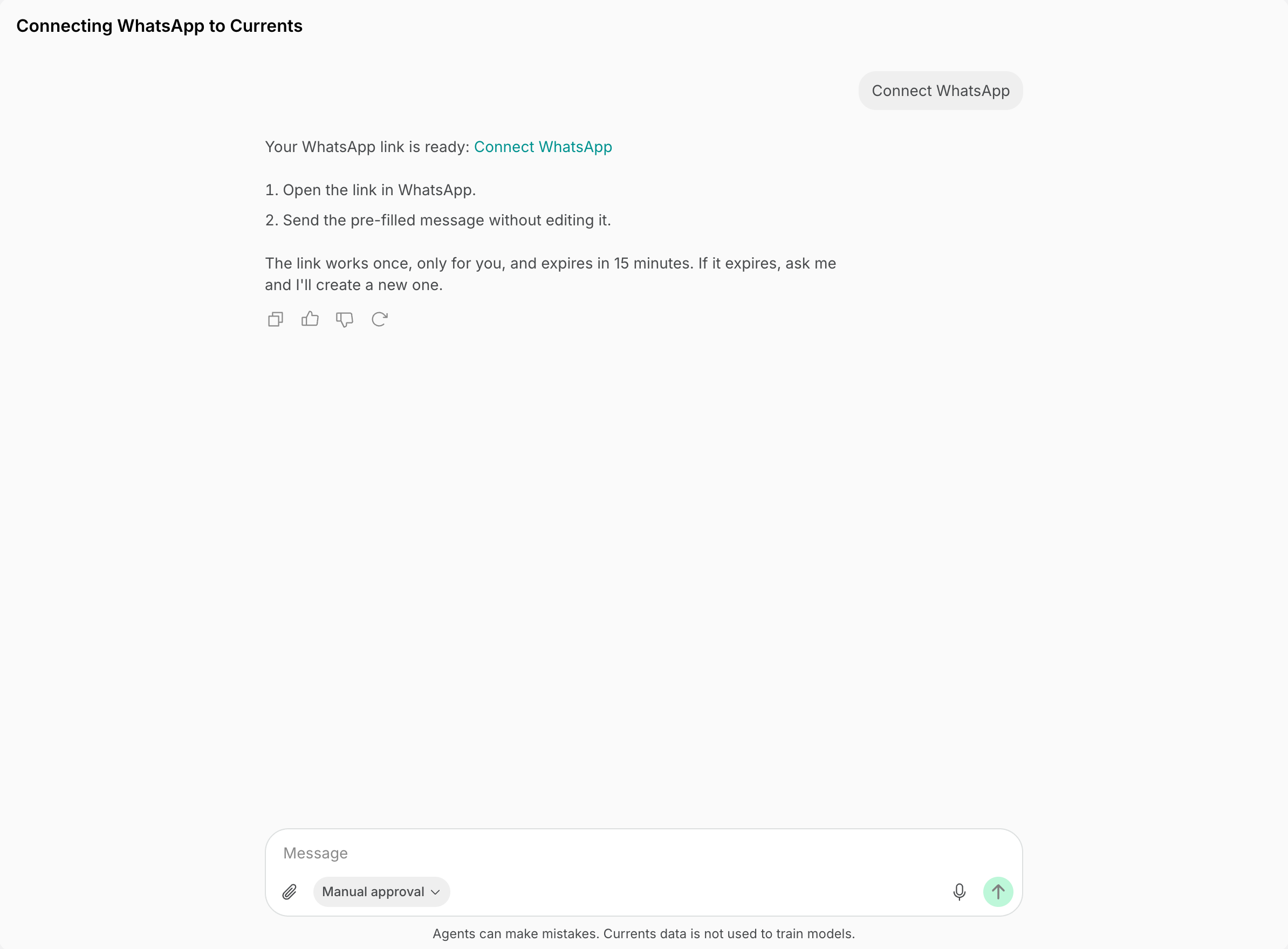 Agent replying with a one-time link to connect WhatsApp on Spacebring's coworking space management platform
