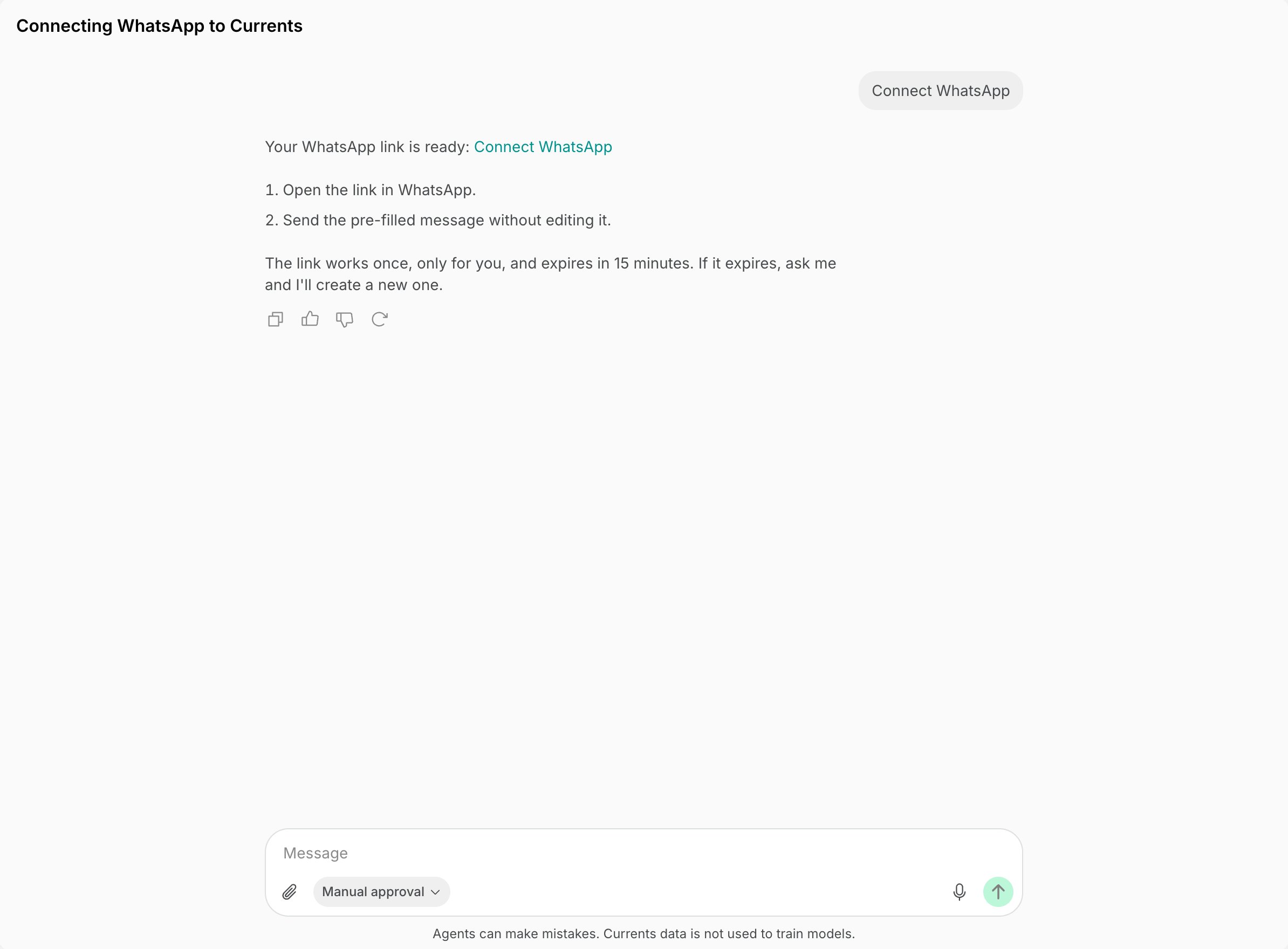Agent replying with a one-time link to connect WhatsApp on Spacebring's coworking space management platform