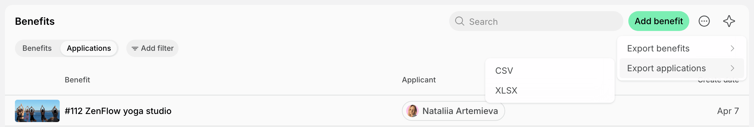 Export applications options in the Benefits page menu on Spacebring's coworking space management platform