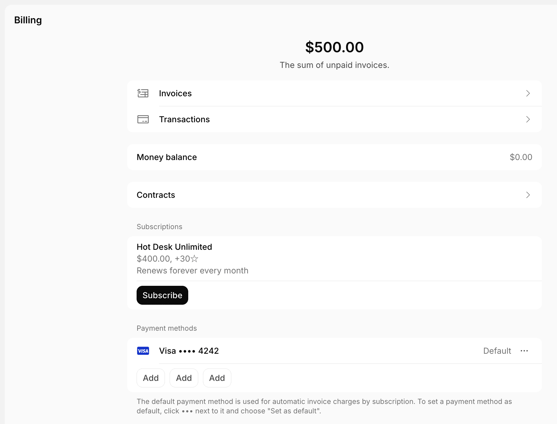 Billing page with the sum of unpaid invoices, invoices, transactions, money balance, contracts, subscriptions, and payment methods in the member web portal on Spacebring's coworking space management platform