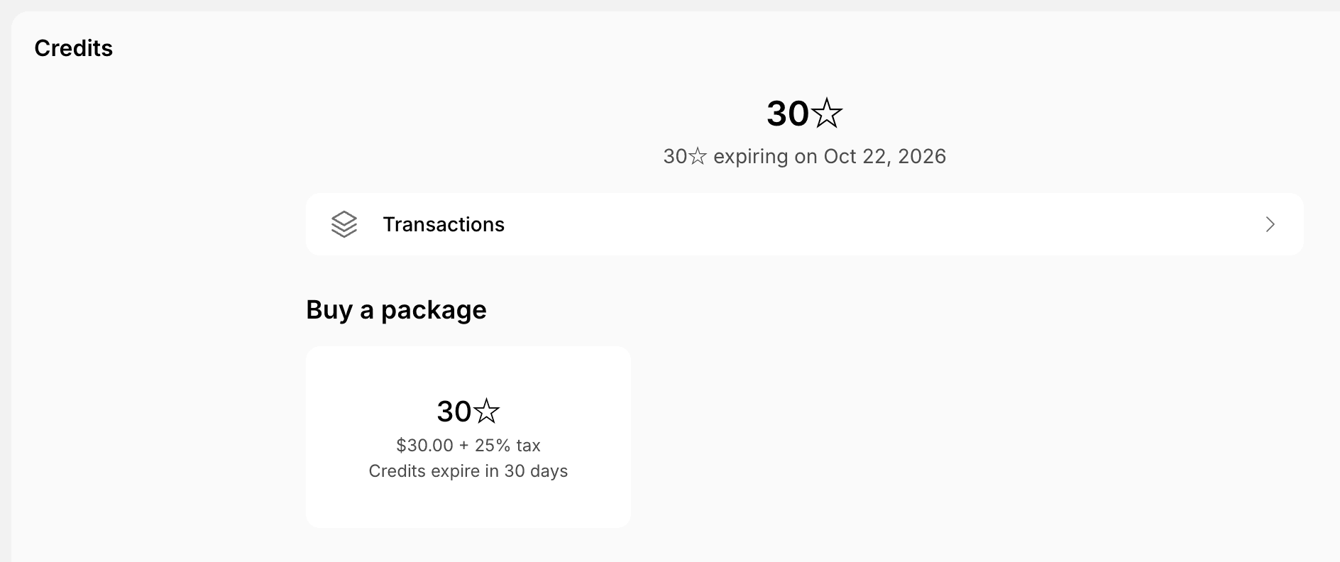 Credits page with the credit balance, its expiration date, transactions, and a credit package to buy in the member web portal on Spacebring's coworking space management platform