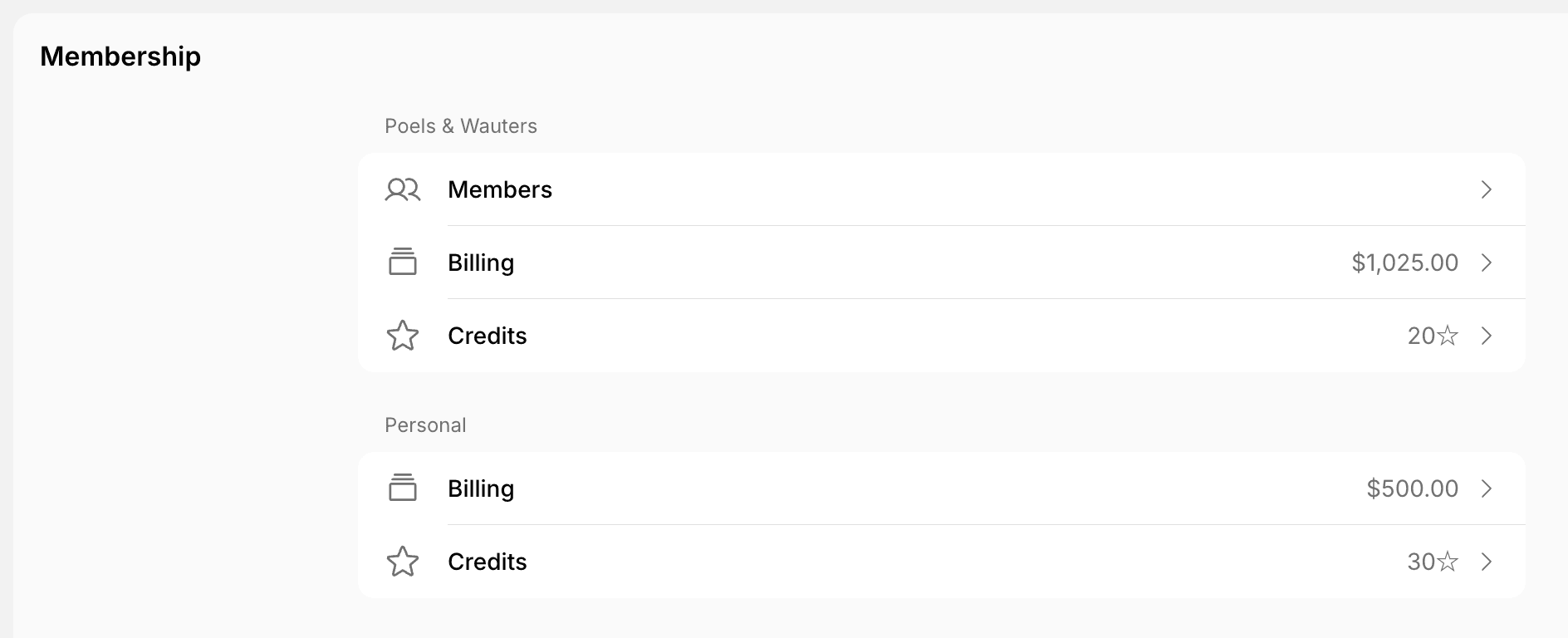 Membership page of a company manager with the company's Members, Billing, and Credits, and the Personal Billing and Credits, in the member web portal on Spacebring's coworking space management platform