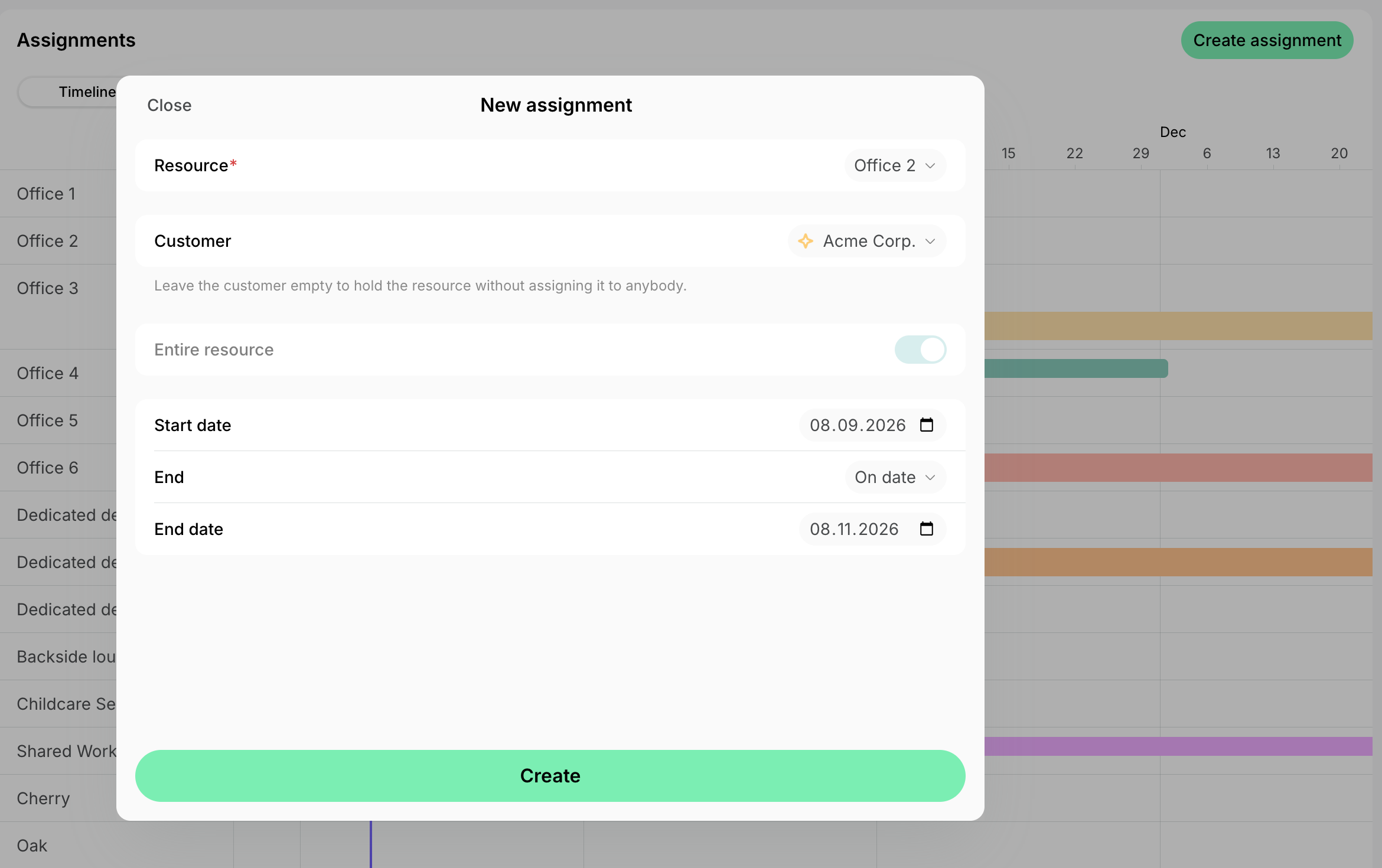 New assignment form on the Assignments page