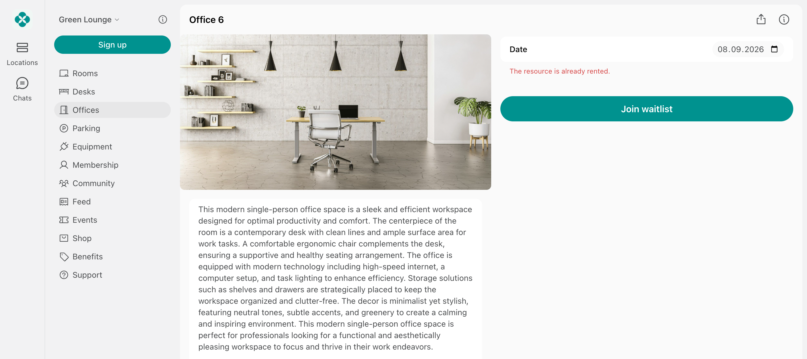 Office page showing the Join waitlist button to a customer who does not rent it