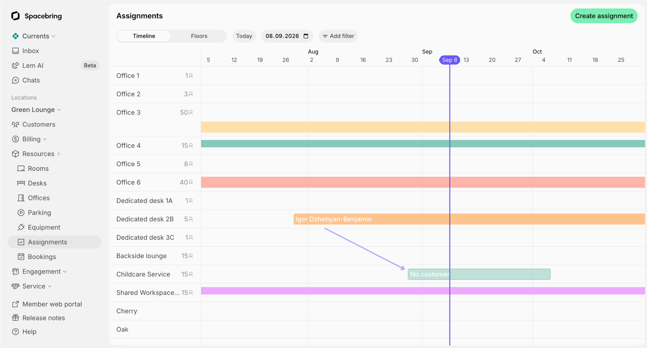 No customer bar on the Assignments timeline
