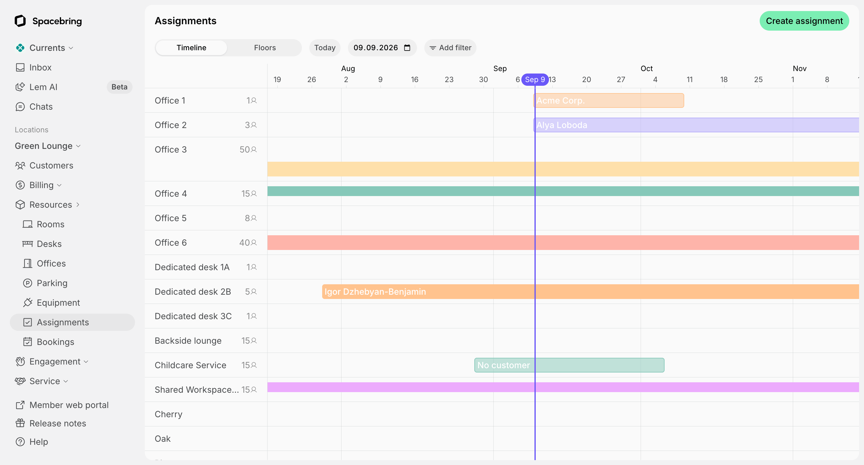 Assignments timeline with solid bars from subscriptions and faded outlined bars created on the page