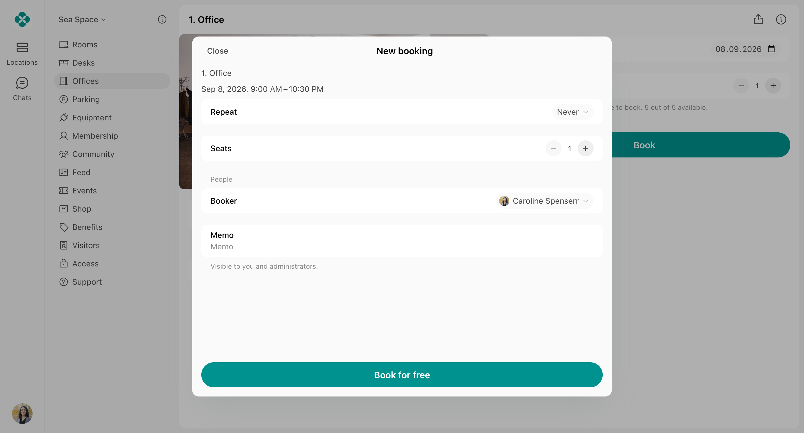 Member booking a seat in a hybrid office for free