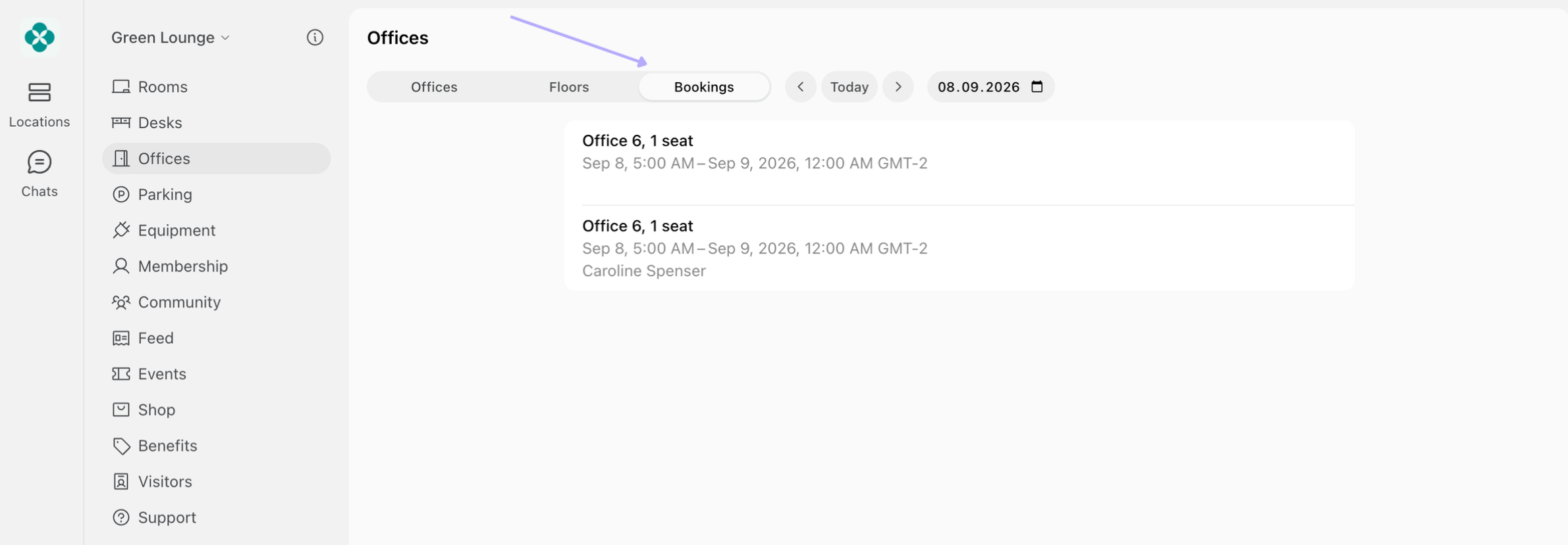 Bookings tab on the Offices page showing who booked a seat