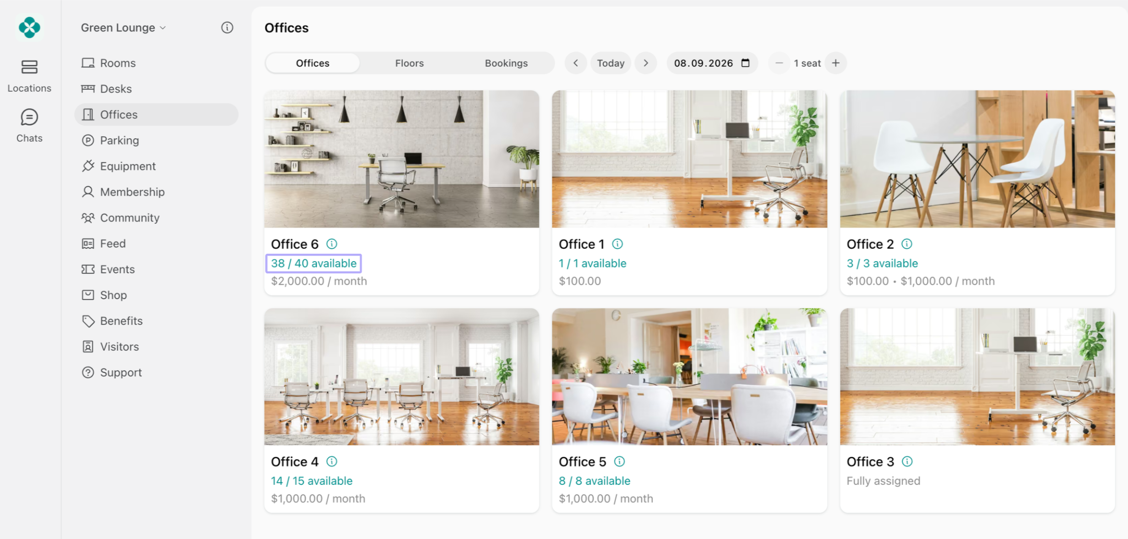Offices page showing the seats still available in a hybrid office