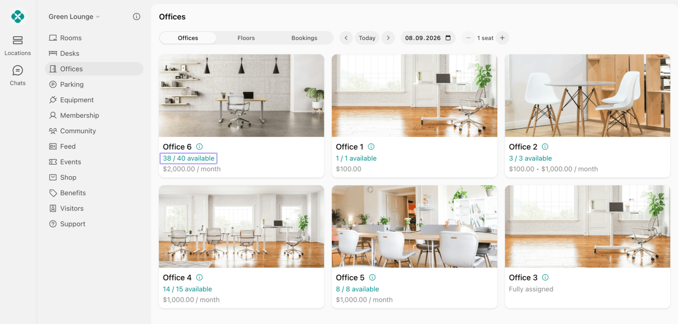 Offices page showing the seats still available in a hybrid office
