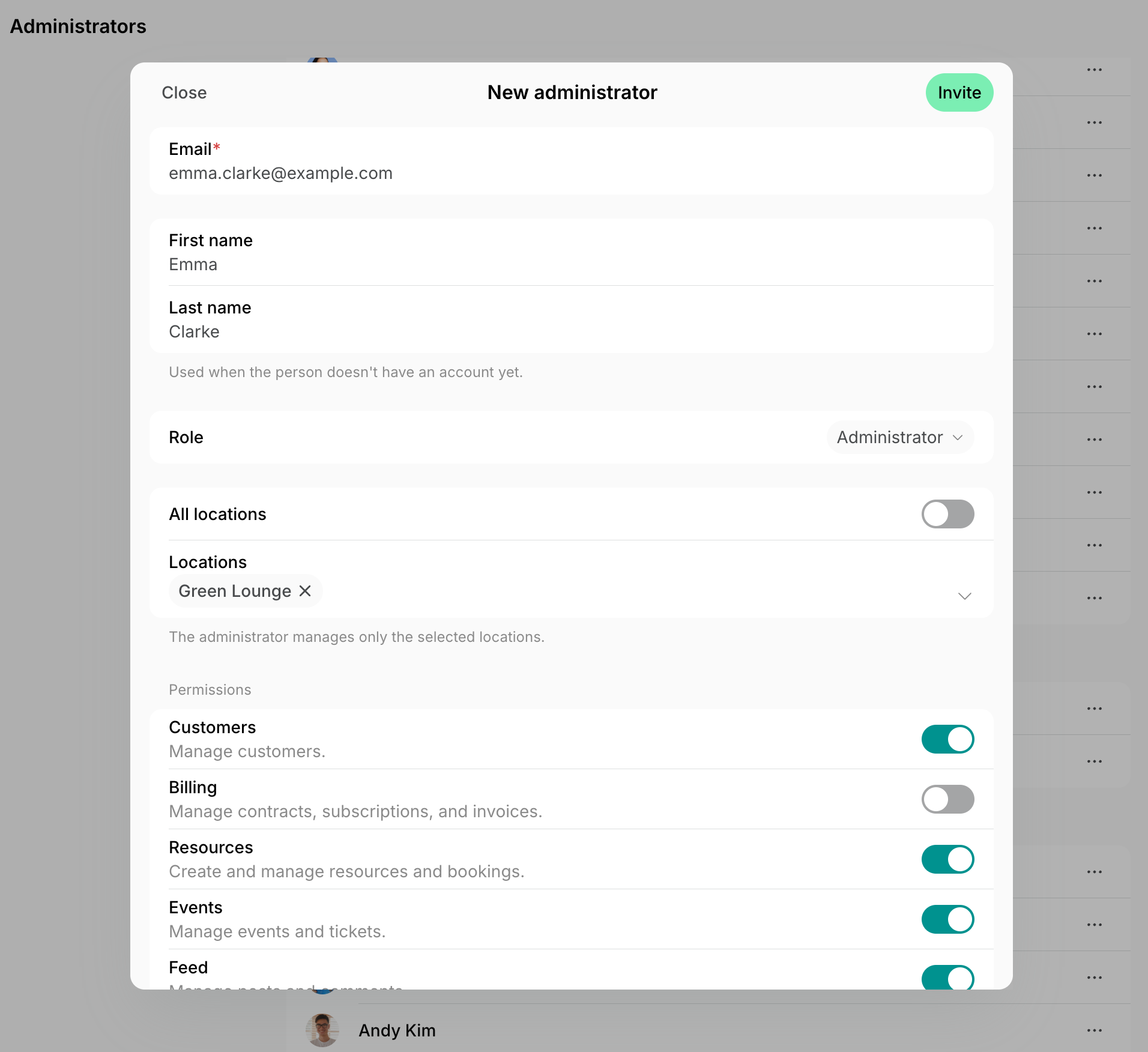 New administrator form with an email, a name, the Administrator role, one selected location, and permissions on Spacebring's coworking space management platform