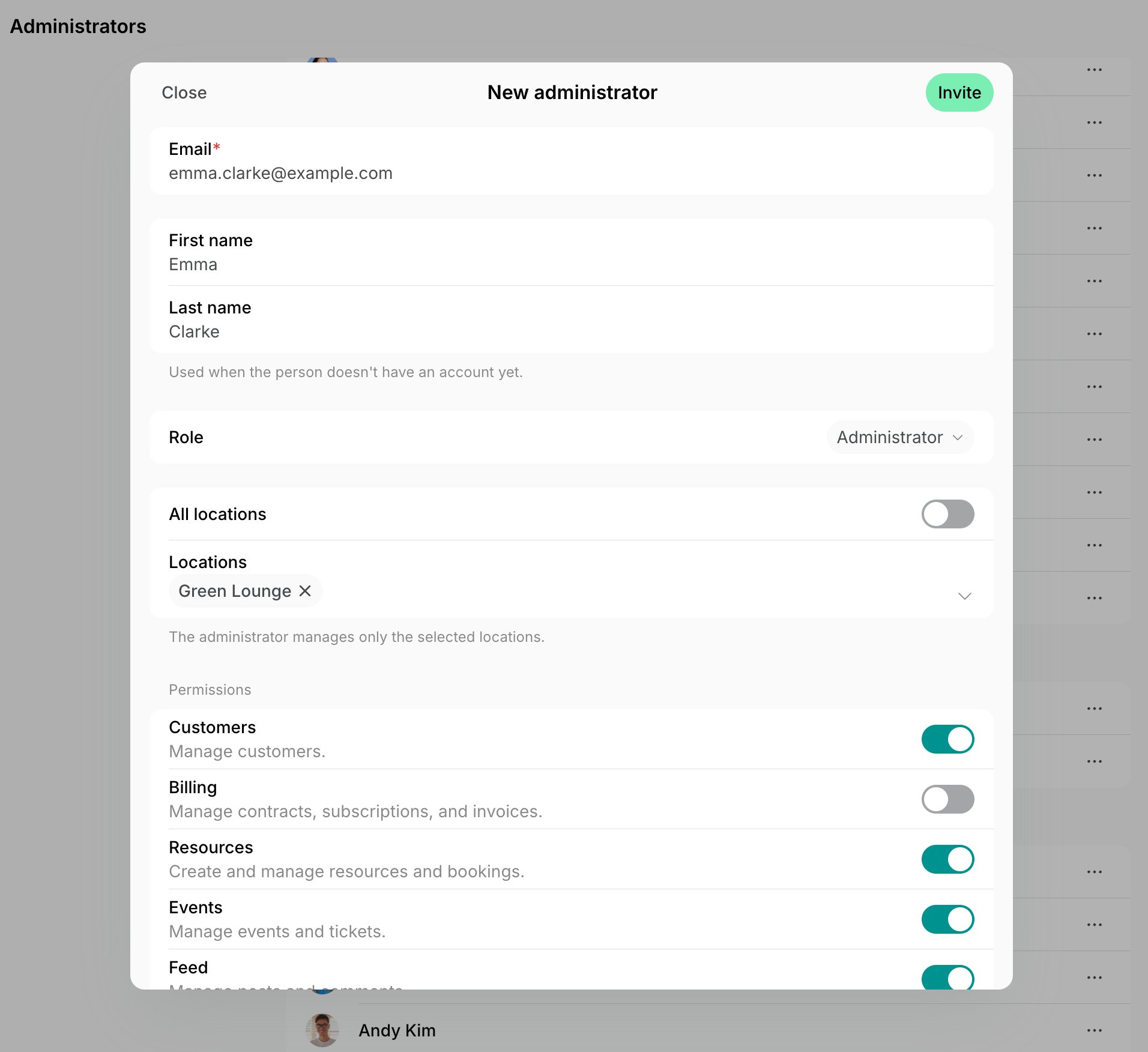 New administrator form with an email, a name, the Administrator role, one selected location, and permissions on Spacebring's coworking space management platform