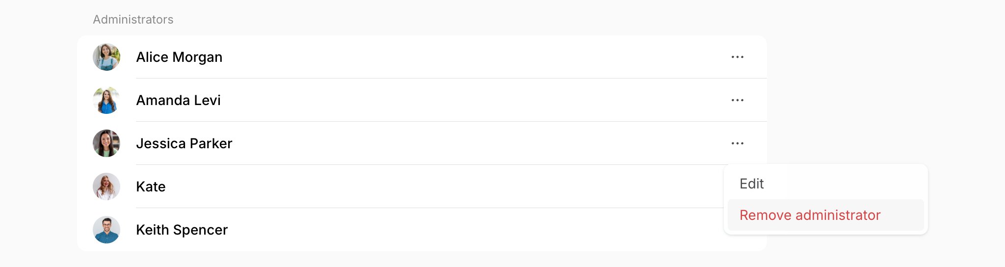 Administrators list with the row menu open and Remove administrator highlighted on Spacebring's coworking space management platform