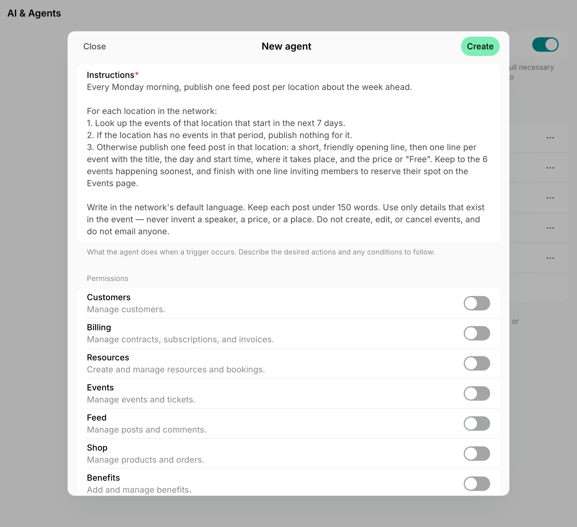 New agent form with the instructions filled in and the Permissions switches on Spacebring's coworking space management
platform