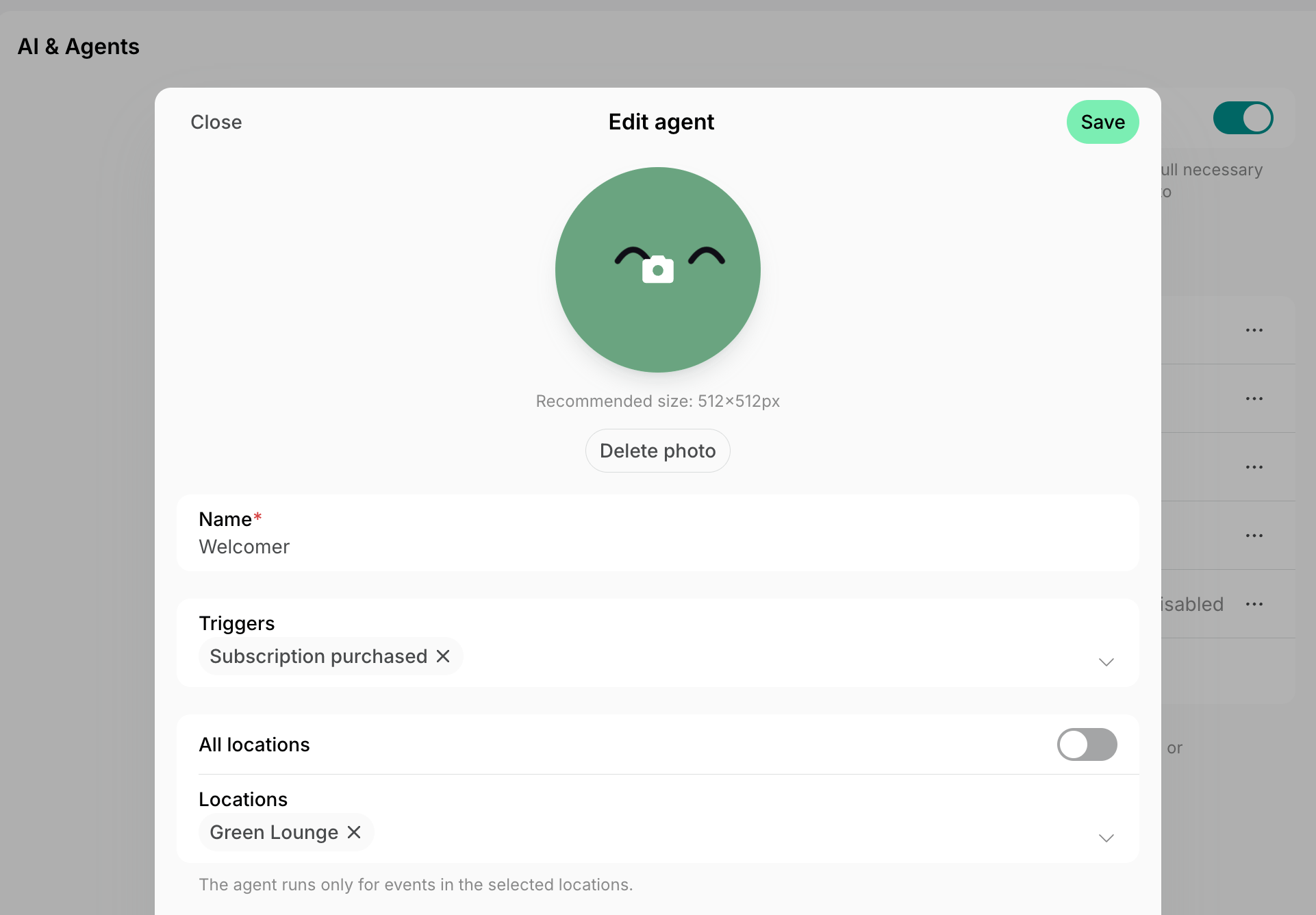 Agent form for a welcome email with the Subscription purchased trigger and one location selected on Spacebring's coworking space management platform