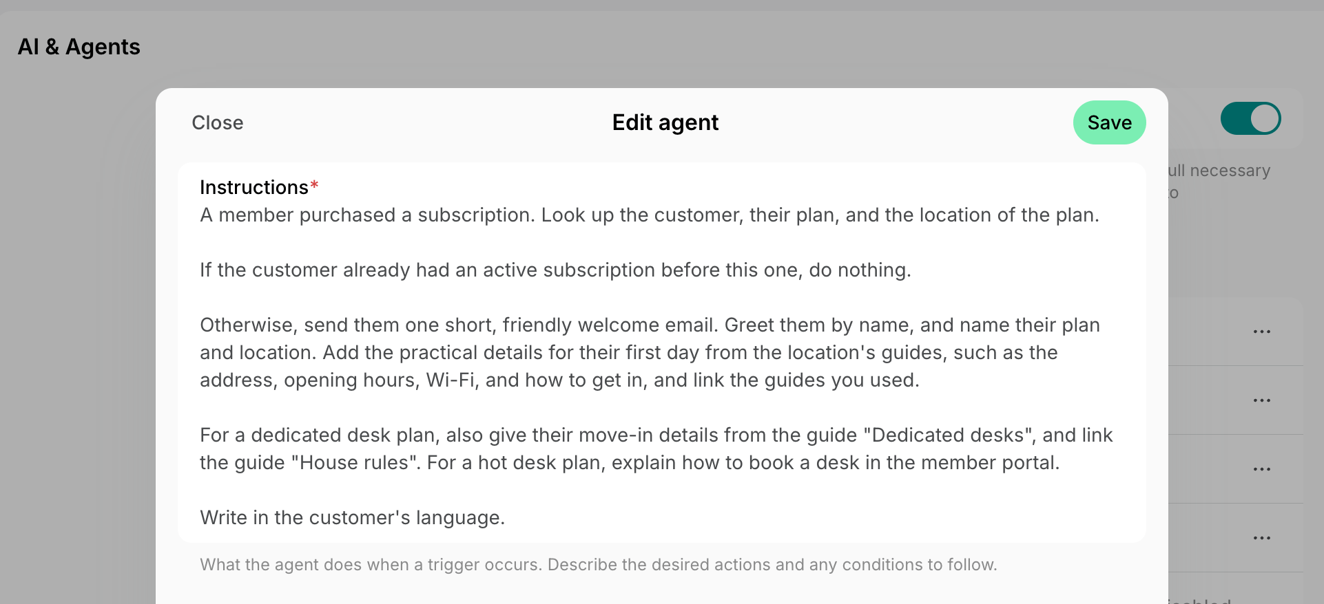 Agent instructions for a welcome email with first-day details for each plan on Spacebring's coworking space management platform
