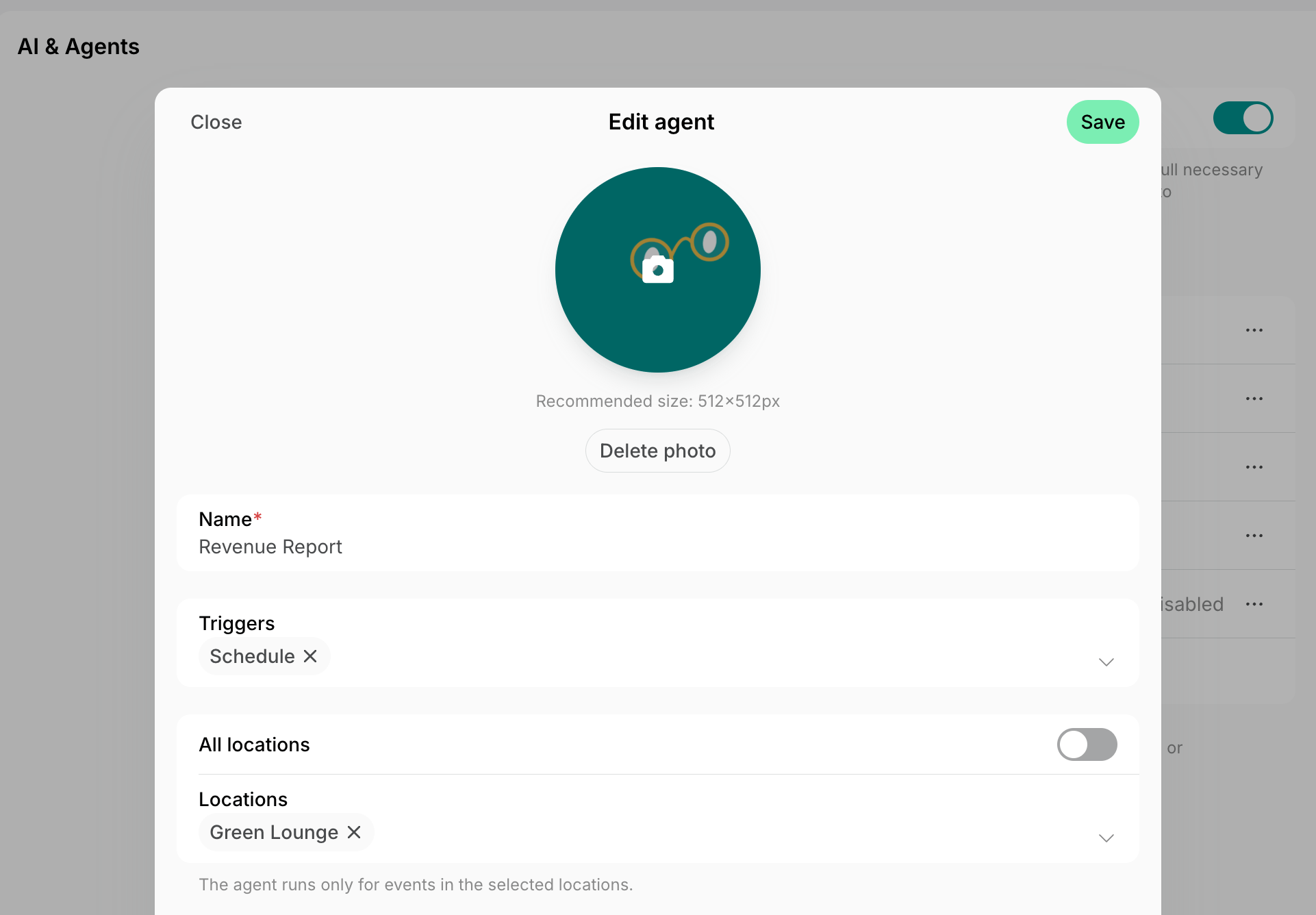 Agent form for a revenue report with the Schedule trigger and one location selected on Spacebring's coworking space management platform