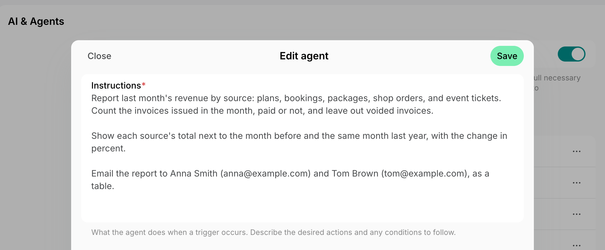 Agent instructions for a monthly revenue report by source, compared with earlier periods, on Spacebring's coworking space management platform