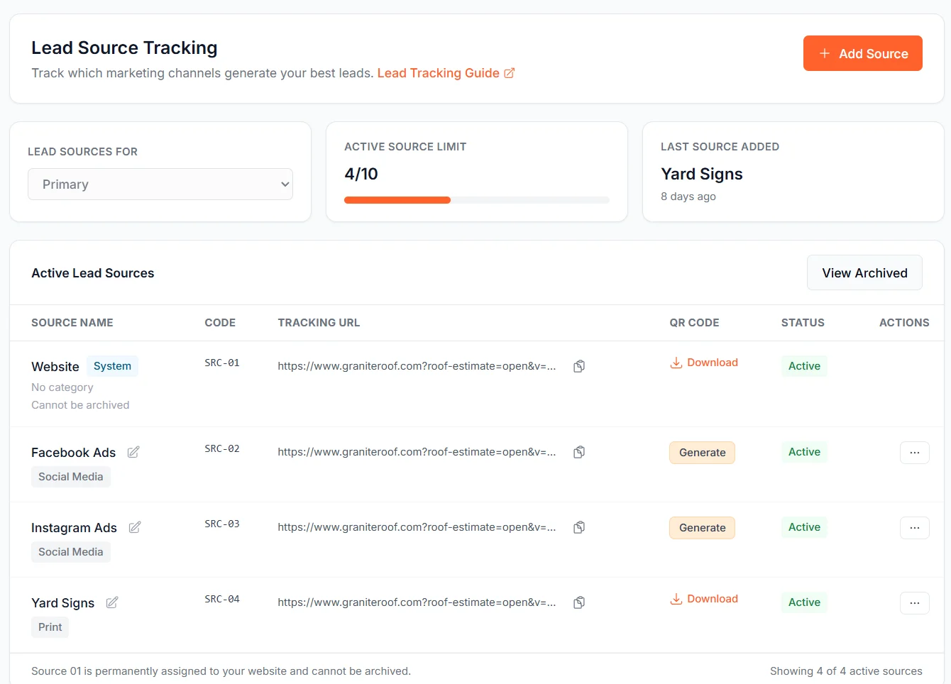 Lead Source Tracking page showing custom sources with QR Code download links available.