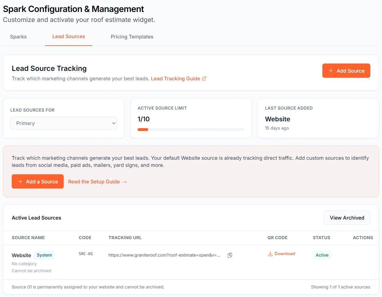 The Lead Sources For card showing the widget selector dropdown in the Manage My Spark page.