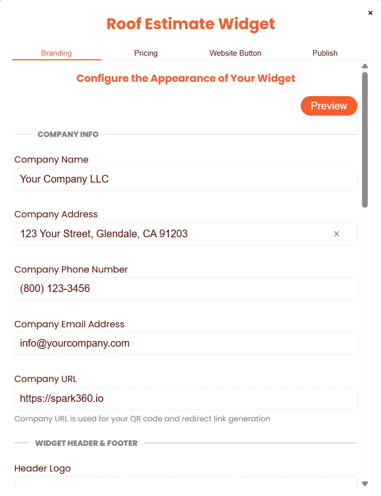 Branding tab — Company Info fields