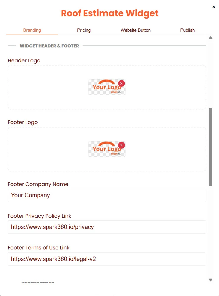 Branding tab — Logo upload and footer fields