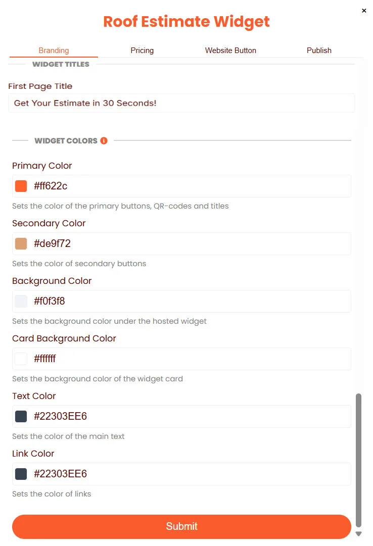Branding tab — Widget title and color fields