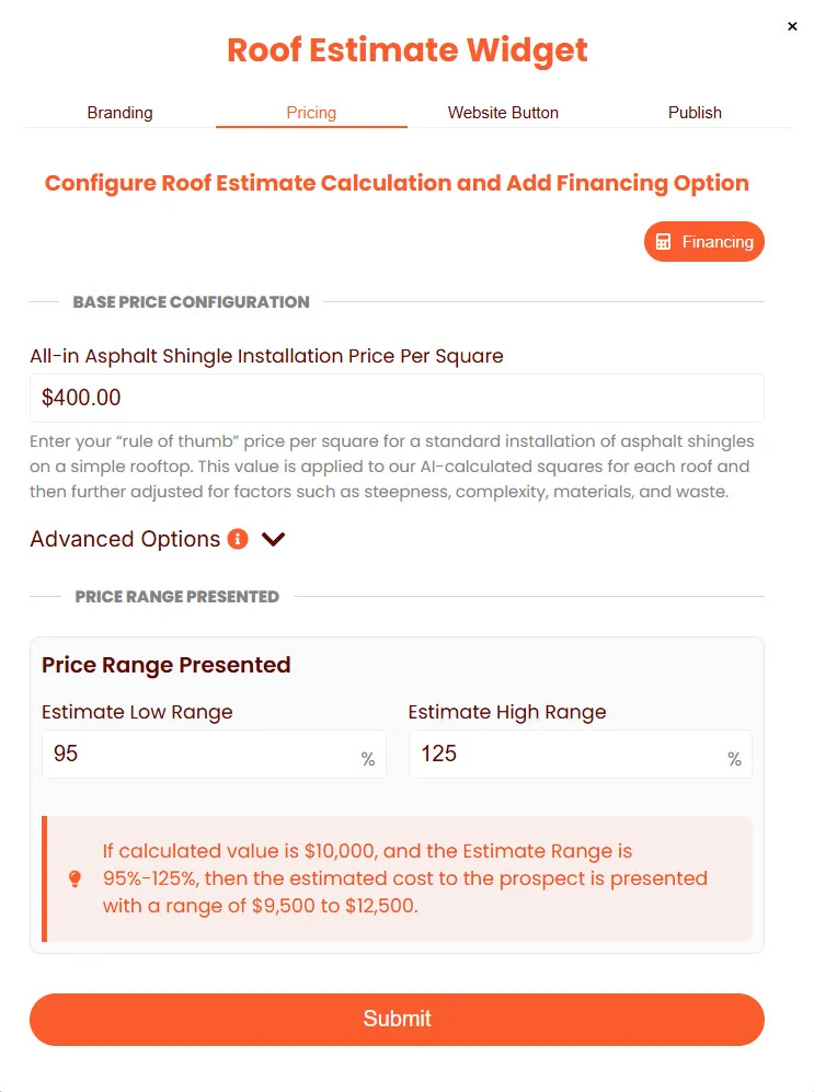 Pricing tab — Base price and estimate range