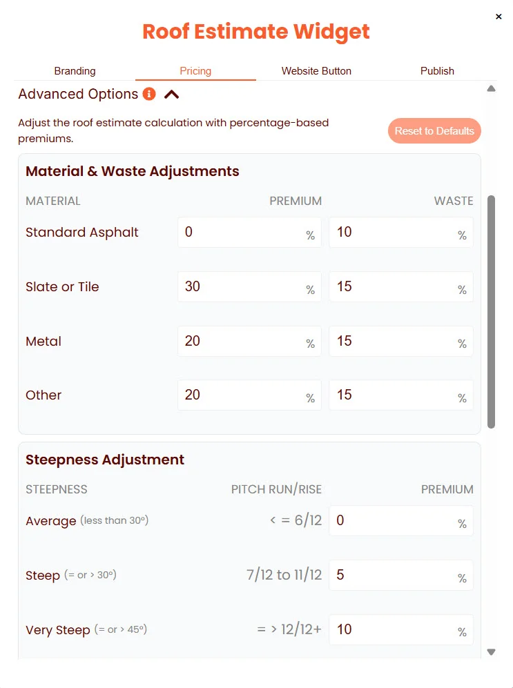 Pricing tab — Advanced options expanded