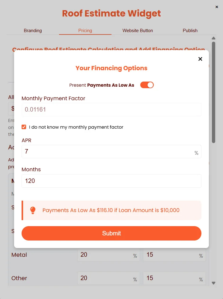 Pricing tab — Financing popup