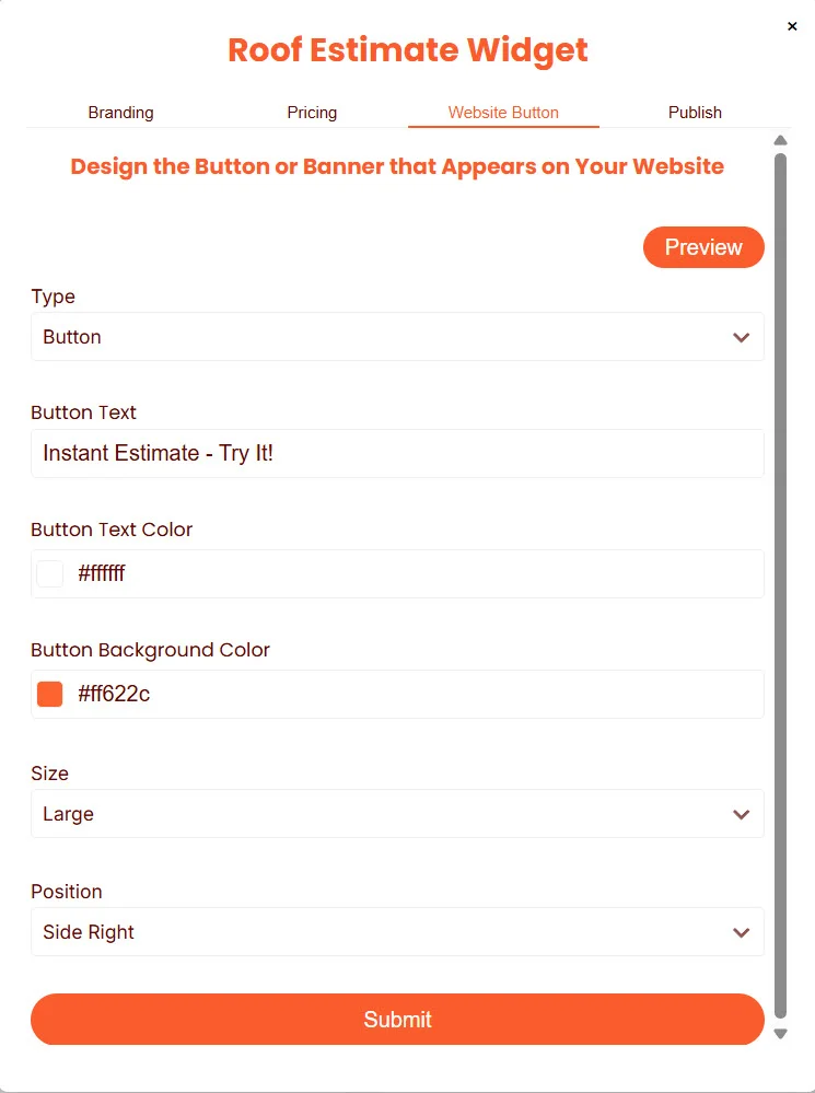 Website Button tab — Button configuration