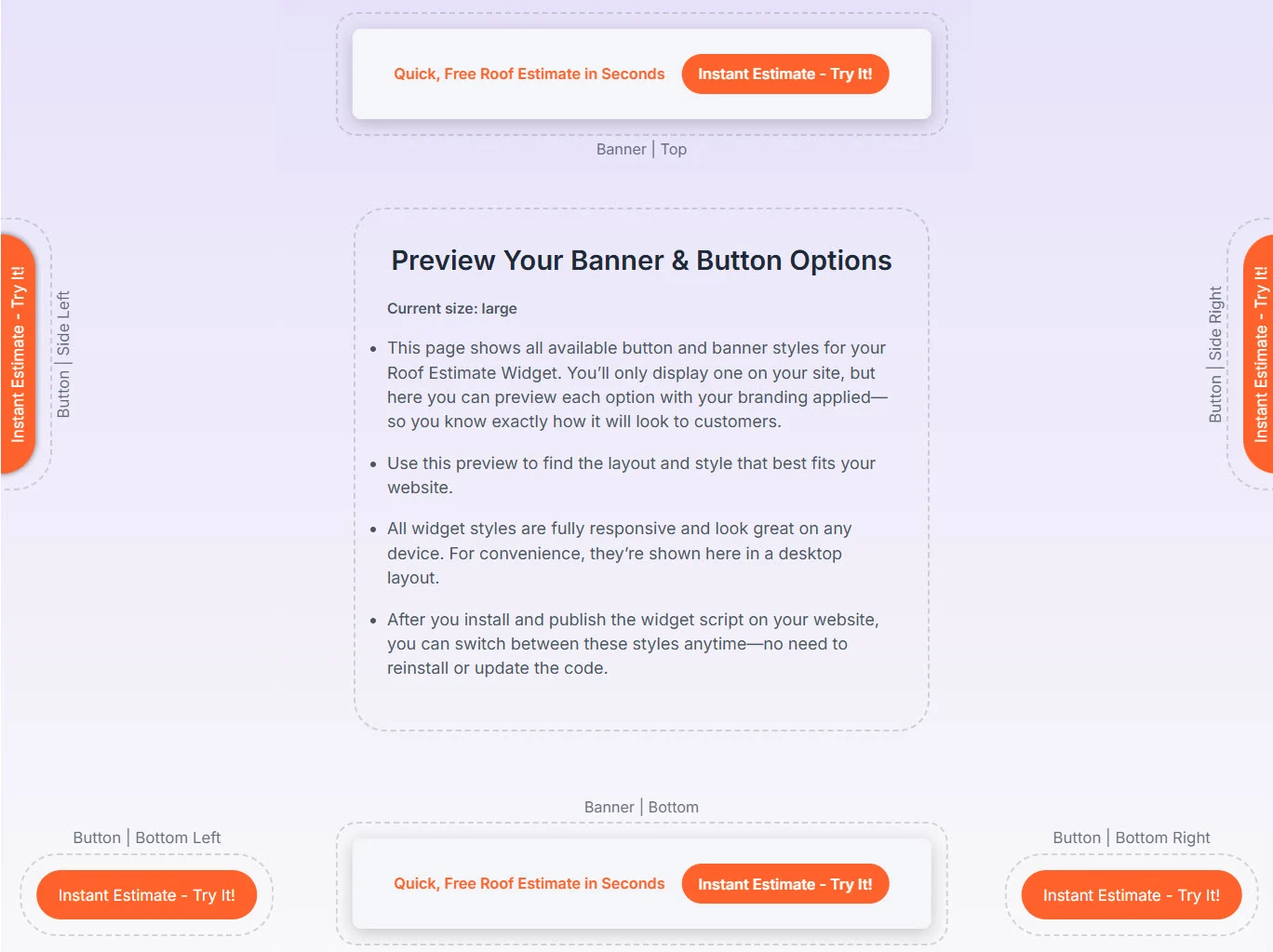 Website Button tab — Preview showing all placement options