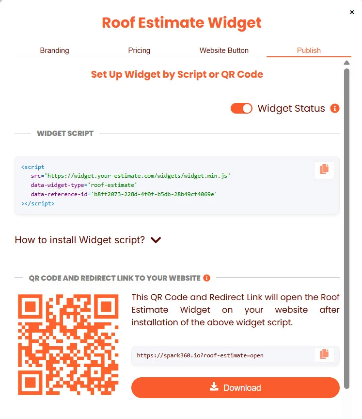 Publish tab — Widget Status toggle and script
