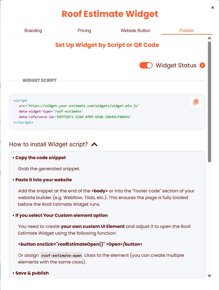 Publish tab — How to install instructions expanded