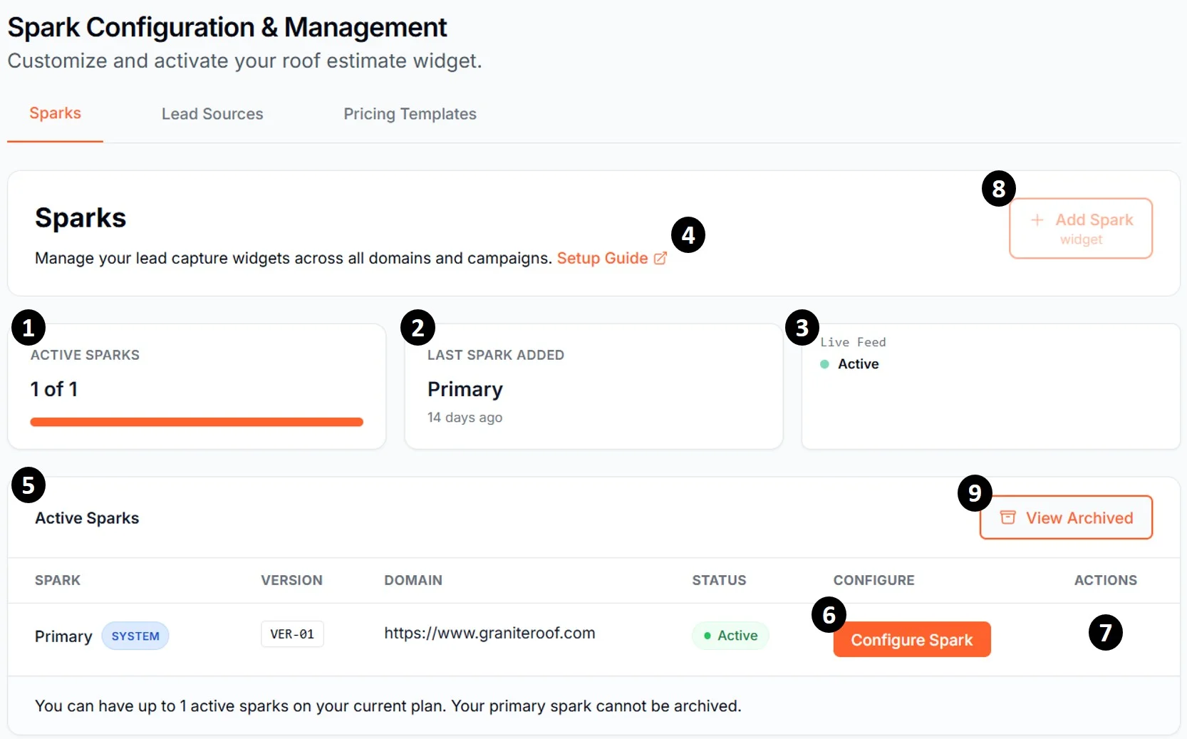 Manage Spark — Sparks tab with numbered annotations
